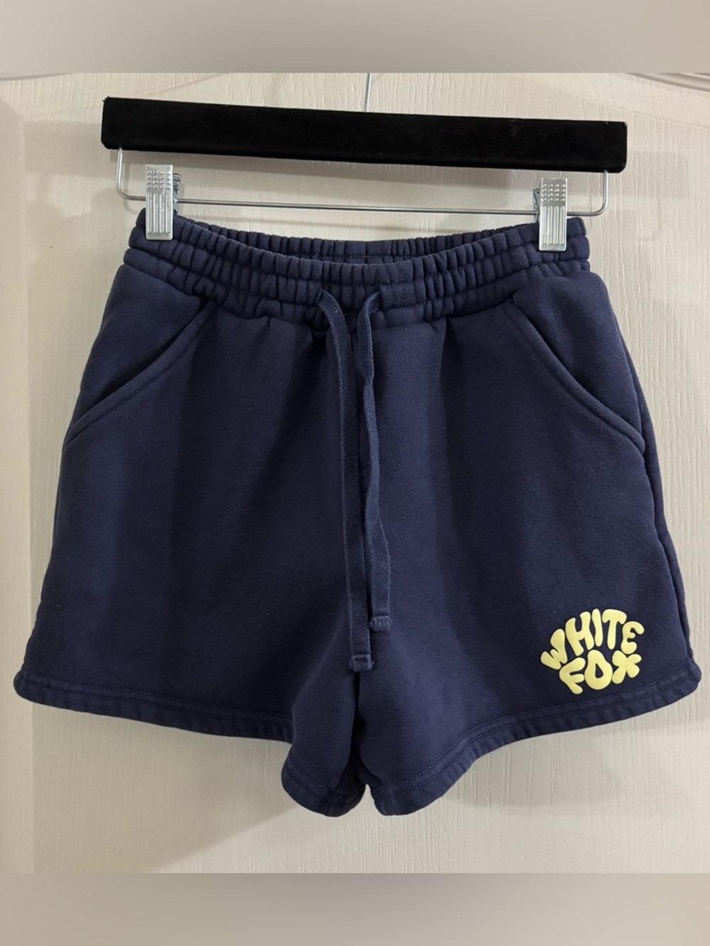 White Fox Boutique Navy Blue High Waist Lounge Shorts with Yellow Logo